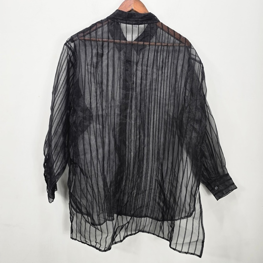 DR2 Sheer Button Down Tunic Top L Black Striped Embroidered Goth Minimalist - Picture 6 of 12